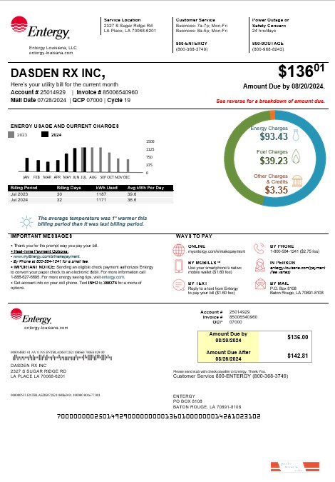 USA Louisiana Entergy business utility bill template in Word and PDF formats, version 2